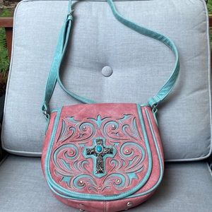 P & G crossbody bag with adjustable strap pretty pink and turquoise